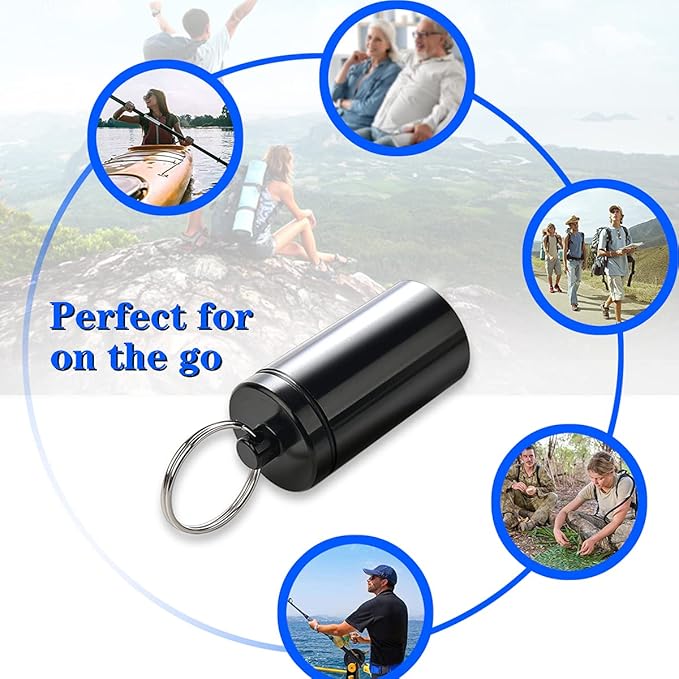 Portable Pill Holder Keychain,Aluminium Alloy Waterproof Pill Boxes Container for Purse Pocket,Small Daily Pill Case for Outdoor Travel Camping-Black
