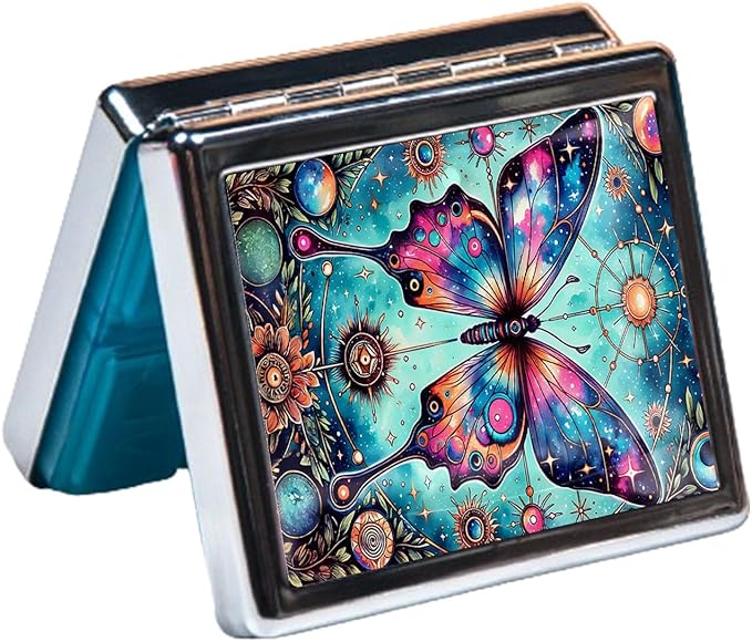 Silver Vintage Pill Box 7 Day Metal Pill Box with Mirror and 8 Compartments Cute Travel Pill Organizer for Purse (Blue Butterfly)