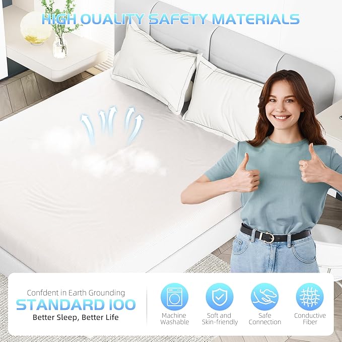 Grounding Sheet, 90% Organic Cotton+10% Pure Silver Organic Fitted Grounded Sheet for Improved Sleep, Earth Connecting Bedding - Healthy Sleep Therapy (White, (60.1 * 80 * 15inch))