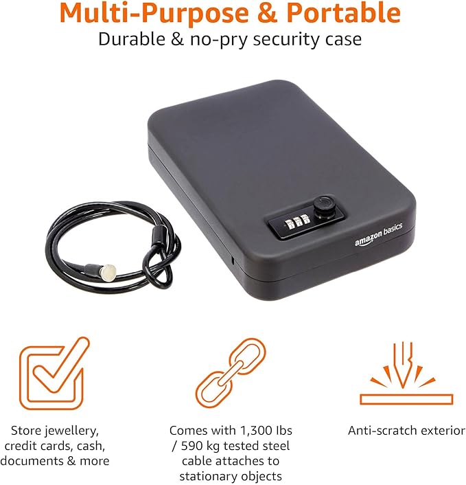 Amazon Basics Portable Security Case Lock Box Safe with Combination Lock for Documents, Valuables, Personal Items, Dorm Room, Home, Large, Black