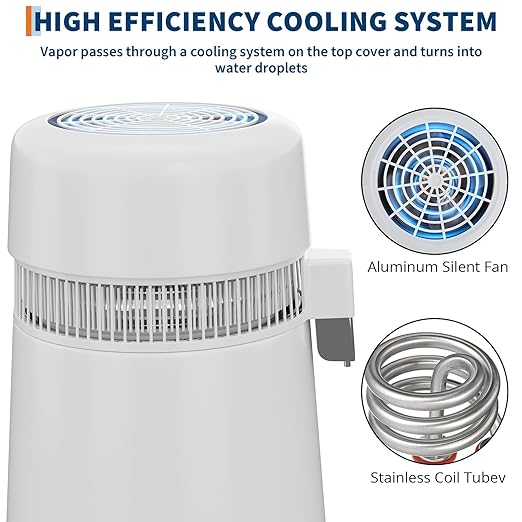 4L Countertop Stainless Steel Distilled Water Purifier, Distilled Water Making Machine with Plastic Container, Ideal for Household, Workplace, Lab, and Aquarium Usage-White