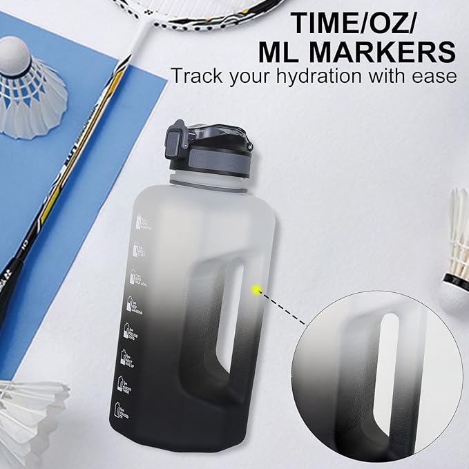 GEMFUL 74oz Motivational Water Bottle with Straw & Time Marker BPA Free Large Gym Jug for Workout Fitness Outdoor Sports Leakproof with Handle (White/Black)