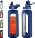 40 oz Glass Water Bottle With Straw and Handle, Sports Motivational Water Jug Flask with Silicone Sleeve, Large Water Cup with Time Marker for Travel, Gym, Navy