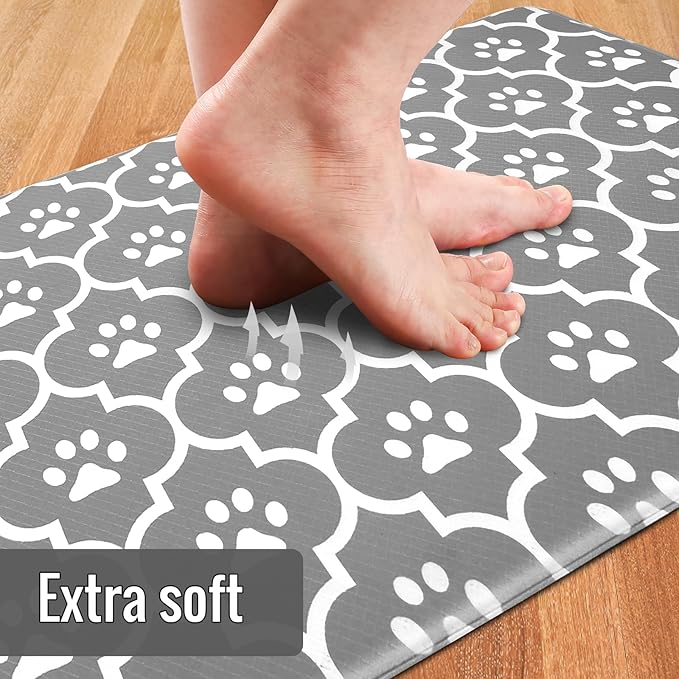 Grey Kitchen Mat Cushioned Anti-Fatigue Floor Mat, Waterproof Non-Skid Kitchen Mat and Rug Heavy Duty Comfort Standing Mat for Kitchen, Home, Office, Sink, Laundry, Puppy Paws