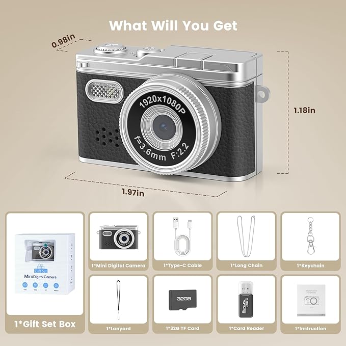 Retro Keychain Camcorder, 1080P Mini Keychain Camera with 32G SD Card, Tiny Video Thumb Camera with 0.96" Screen, Teens Portable 20g Pocket Digital Camera with Flash for Vlogging, Travel, and EDC