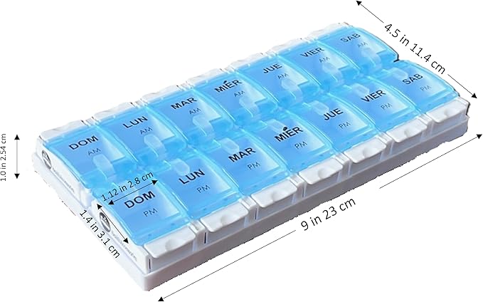 Healthaccessories Spanish Pill Box 7 Day Twice-a Day AM PM Weekly Pill Planner Organizer - Large Compartment Pill Boxes Store medications for Entire Week. Easy See Through. para un semana.