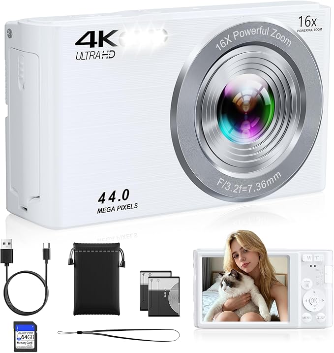 Digital Camera 4K, Autofocus Digital Compact Digital Camera,16X Digital Zoom Upgraded Travel Camera with 64GB SD Card,2 Batteries,Small Camera for Teens Kids Boys Girls,White