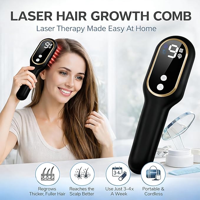 Obiredk ㅤLaser Hair Growth Comb - Lasers & LEDs for Hair Regrowth - FDA Cleared Rechargeable Scalp Massager for Men Women - Effective for Thinning Crown, Receding Hairline - Black