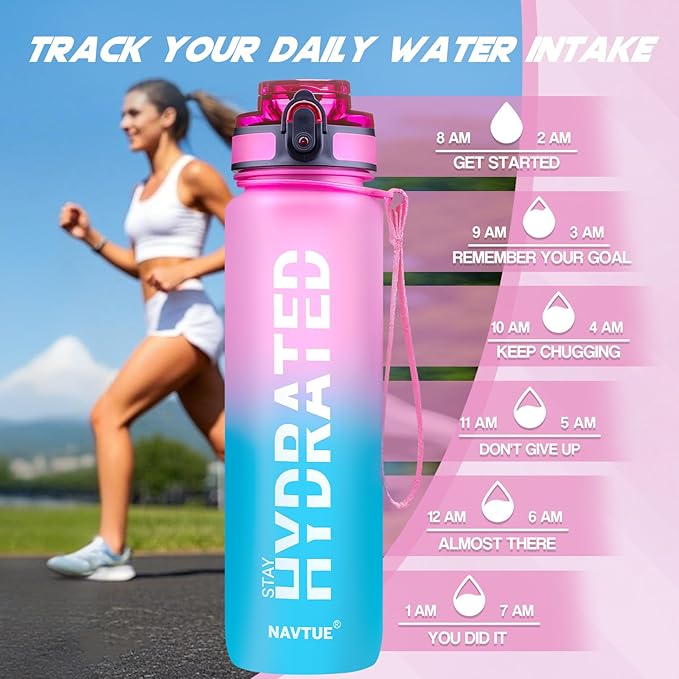 Water Bottle, 32 oz Sports Water Bottles with Time Marker Wide Mouth, Motivational and Leakproof Drink Bottle, BPA Free Tritan with Carry Strap for Gym Fitness Outdoor(1 Bottle)