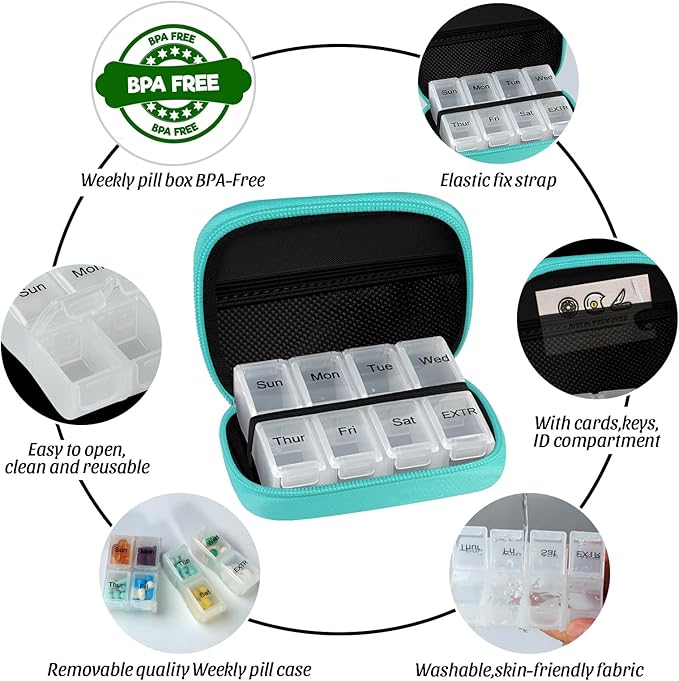 Pill Case Weekly Travel Pill Organizer for Purse with Removable 7 Day Pill Box Premium Neoprene Pill Container for Travel Purse Accessory, Vitamin, Supplement, Small Pieces Arrangement-Green