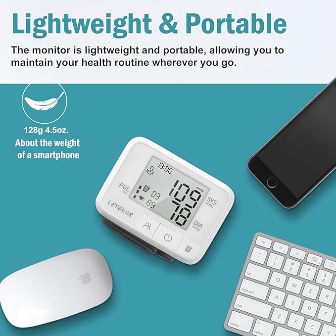 Wrist Blood Pressure Monitor – Digital BP Machine for Home Use, Large Display, Adjustable Cuff (5.3–7.6”), 99 Memory for 2 Users, Accurate & Portable Design, Portable Carrying Bag Included