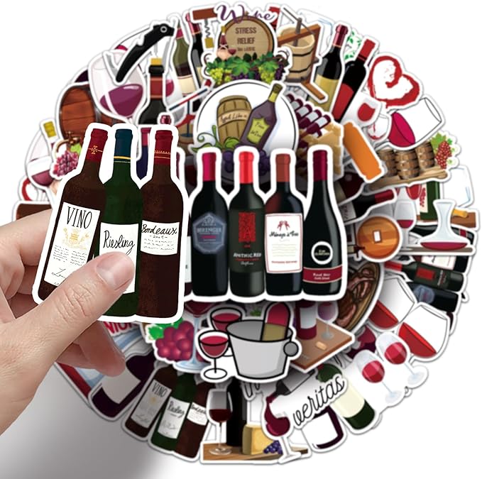50pcs Red Wine Stickers,Cute Wine Label & Glass Pattern Decals, Waterproof & Durable for Notebook, Wine Bottle, Party Decoration