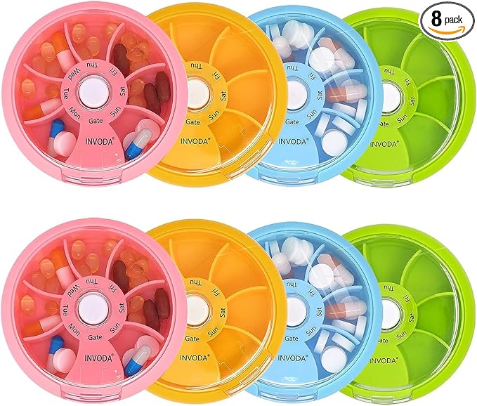 8PCS INVODA Weekly Pill Organizer 7 Compartment Rotating Pill Box for Daily Medication & Vitamins - Portable Travel Pill Case Fish Oil Supplements Vitamins Organizer