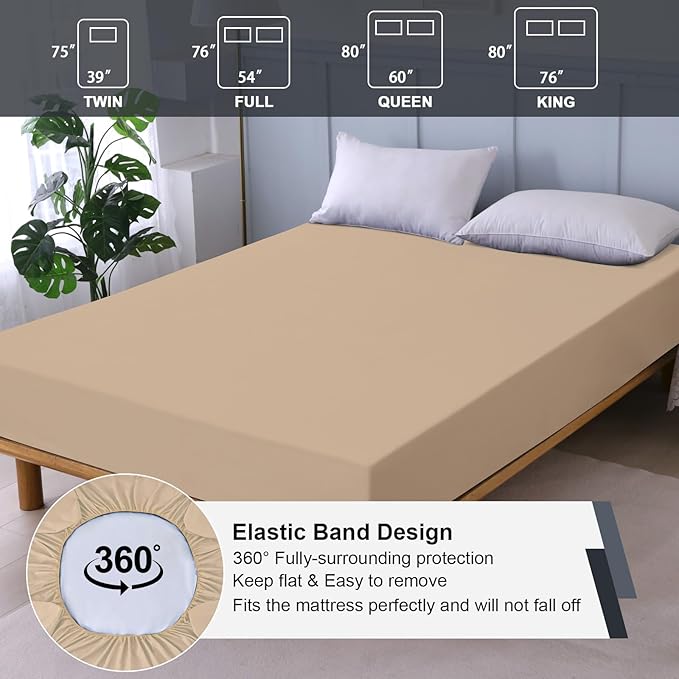 Waterproof Mattress Protector King, Fitted Sheet Style Breathable Mattress Cover with Deep Pocket Fits Up to 18'', Noiseless Bed Cover for Kids Adults Pets, Machine Washable (Light Tan, 76'' X 80'')