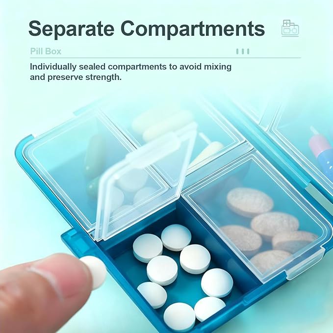 Travel Pill Organizer, Moisture Proof Daily Medicine Dispenser Box, Small Weekly Vitamin Case for Supplement, Fish Oil, Meds, Pocket Pharmacy Cute Capsule Container 8 Compartments, Yellow