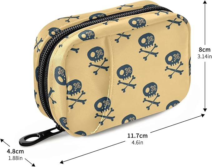 Skulls and Bones Pill Box 7 Day Pill Case Travel Pill Organizer Bag with Zipper Portable Weekly Case Compact Size for Vitamin Supplement Holder