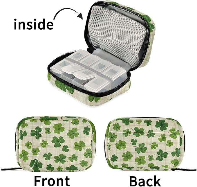 Beige Checkered Clovers Travel Pill Organizer Case Box Container Weekly Portable Vitamin Medicine Holder Storage Bag with Zipper Removable
