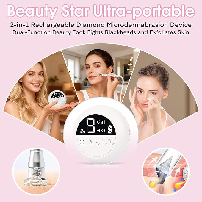 Pro Cordless Microdermabrasion Machine, Beauty Star Portable Facial Pore Vacuum Tool for Blackhead Removal, Glowing Skin, 3 Diamond Tips & 9-Setting Suction, Home and Salon Use