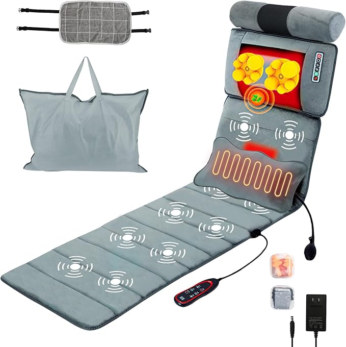 Full Body Massage Mat with Heat & Neck Lumbar Massager Pillow,Multifunctional Back Heated Mattress Pad with 10 Vibration Motors, 3 Heating Pads & 9 Massage Modes, for Neck Back Leg Pain Relief