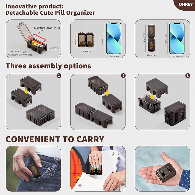 Pill Organizer 2 Times a Day, Weekly Travel Case for Vitamins, Fish Oils + 2 Detachable Cute Boxes (Brown)