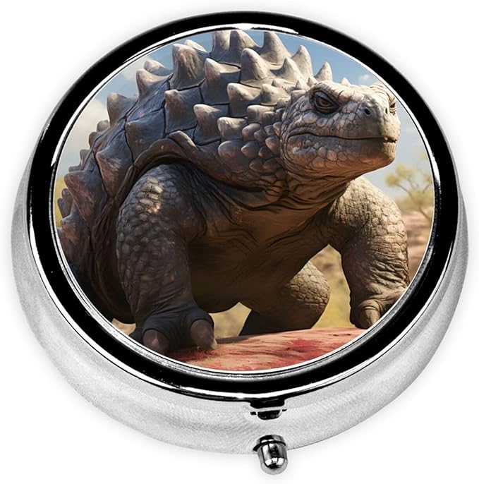 Ankylosaurus Dinosaur Pill Box 3 Compartment Pill Case, Portable Medicine Pill Organizer for Pocket Purse Pill Box Decorative Metal Medicine Vitamin Organizer
