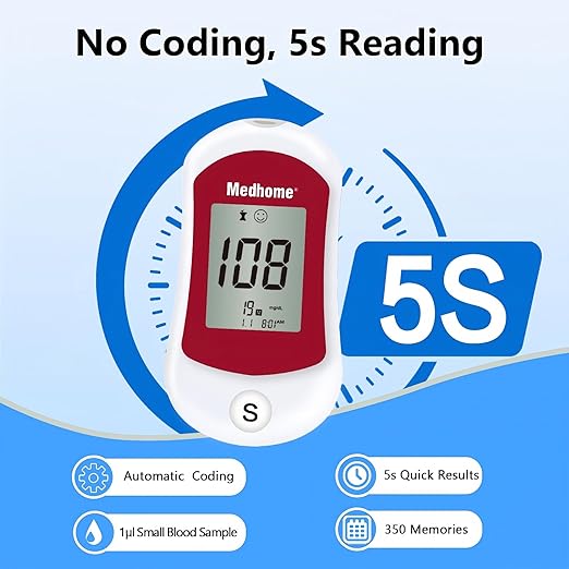 Blood Glucose Monitor Kit, Diabetes Testing with 100 Glucometer Strips,100 30G Lancets, 1 Lancing Device, 1 Blood Sugar Monitor with Control Solution, Large Menory Capacity, No Coding.
