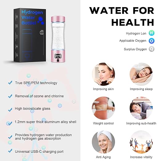 Hydrogen Water Bottle Generator, 340ml Portable Hydrogen Water Maker with SPE/PEM Technology, 5000ppb Rechargeable Ionizer Machine for Health & Wellness, BPA-Free Glass
