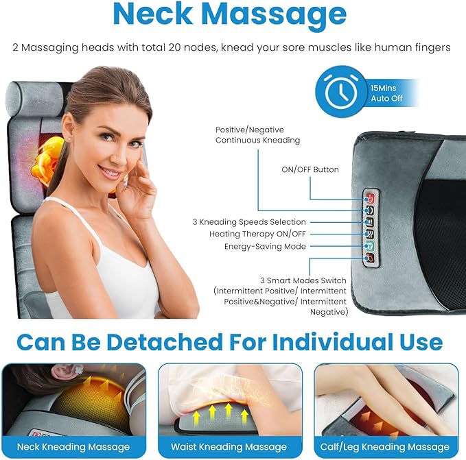 KOCASO Full Body Massage Mat with Heat - Electric Massage Mat Neck/Back Massager 10 Vibration Motors & 9 Modes with 2 Earplugs Lumbar Pillow Timer Anti-Slip Bottom, Mattress Chair Pad for Rleax