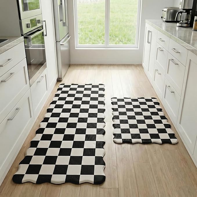 Scalloped Beige Black Checkered Grid Checkerboard Kitchen Rug Sets [2 PCs], Anti-Fatigue, Waterproof Non-Slip Kitchen Mats Heavy Duty Comfort Foam Rug for Kitchen, Floor, Laundry,17"x29"+17"x47"