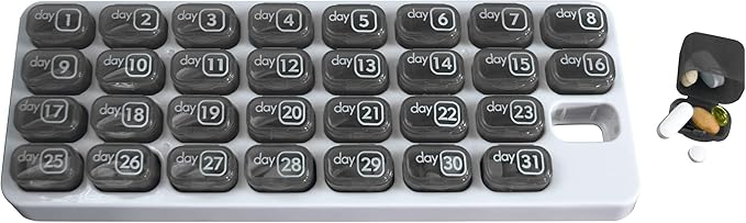 Monthly Med Organizer with 31 Daily Removable Pill Pods for Home, Work, Travel, Numbered Pillboxes for Supplements & Vitamins (Grey)