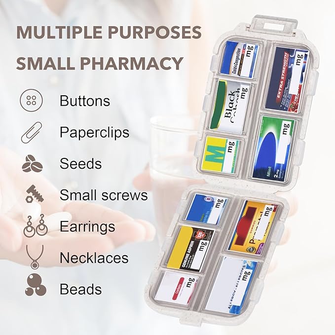 Travel Pill Organizer with Medicine Labels, Travel Pill Box Mini Medicine Organizer Daily Pill Container 10 Compartments Purse Pill Case (White, 189 Lables)