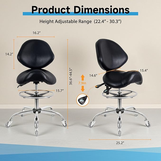 Saddle Stool with Wheels,Ergonomic Swivel Rolling Height Adjustable for Salon Beauty Clinic Dentist Tattoo Home Office（Black）