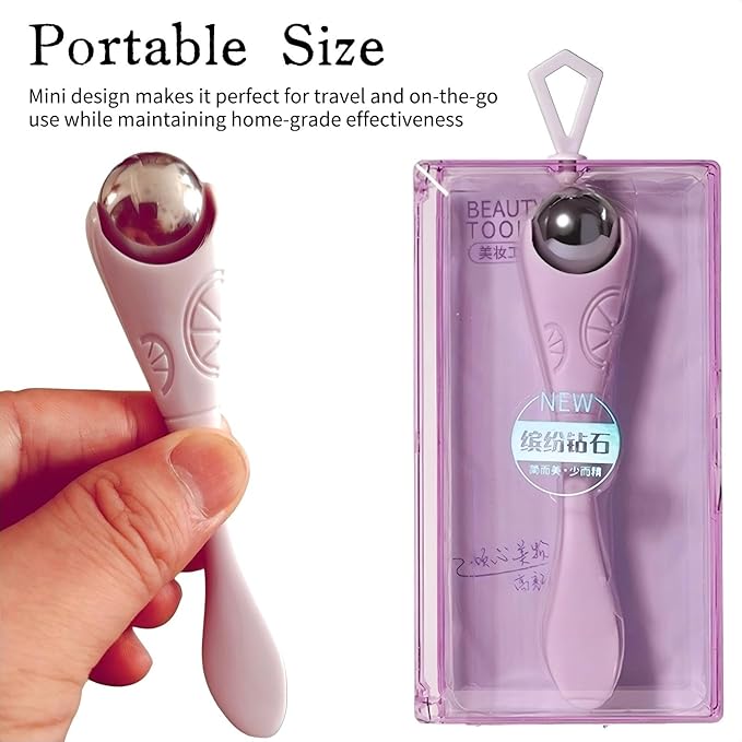 Mini Ice Roller, 2-in-1 Stainless Steel Facial Massage Tool with Cream Spoon, Light Purple, for Face and Eyes, Dark Circles and Puffiness Relief