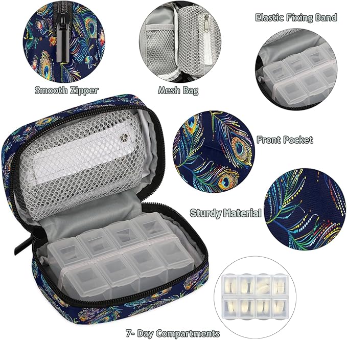 Color Peacock Feather Travel Pill Organizer Box Weekly Portable Pill Case Daily Pills 7 Day Small Birth Control Pills Container Removable Compartments for Medicine Vitamins Fish Oil