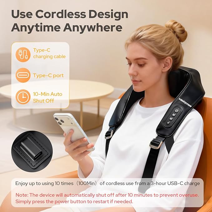 Shiatsu Neck and Back Massagers with Heat, Cordless Rechargeable 4D Kneading + Tapping Wearable Massager, 3 Tapping Intensities, 3 Speeds, Ultra-Quiet Under 45dB for Deep Muscle Relief