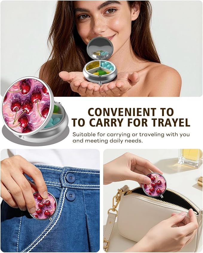 LRITER Pill Case, Portable Travel Pill Box, Pillbox Organizer, Cute Small Medicine Storage Container, Purse Accessories for Women, Men (Cherry)