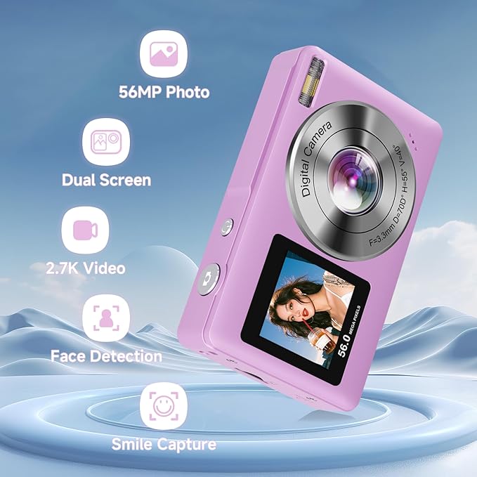 Digital Camera, 56MP 2.7K Dual-Screen Selfie Camera with 16X Zoom, 20 Filters & Anti-Shake, Portable Point and Shoot Digital Cameras with 32GB Card, Compact Travel Cameras for Beginners Teens Kids