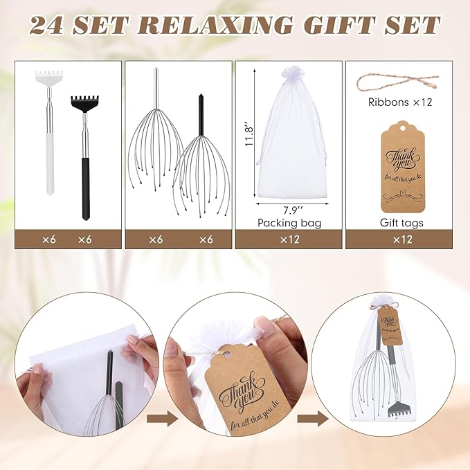 Hoolerry 24 Sets Massage Gifts Head Massager Back Scratcher Fingers Head Scratcher Manual Scalp Massager Valentine's Day for Body Home Office Spa Stress Relief Relaxation Women Men(Black, White)