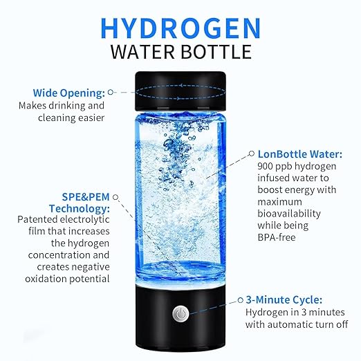 SHINKAI Hydrogen Water Bottle 450ml Portable Hydrogen Ionizer with SPE/PEM Technology, Rechargeable Hydrogen Rich Water Generator for Home, Office, Travel & Gym (Black)