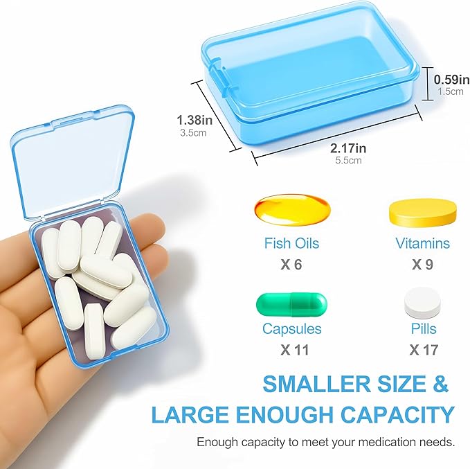 6 PCS Small Pill Box, Tiny Pill Case,Mini Clear Plastic Storage Containers Cute Travel Pill Organizer Case Portable for Pocket Purse Briefcase (Blue)