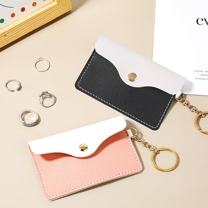2 Pack Birth Control Pill Case Sleeve Packet PU Leather Wallet Pill Holder Birth Control Case with Snap Closure and Keyring Contraceptive Medicine Holder for Travel Bag Backpack, Black + Pink