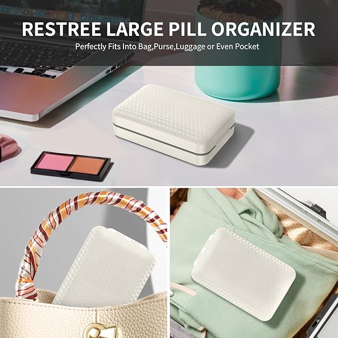 Restree Weekly Pill Organizer 8 Compartment, [Triple Seal Magnetic Lock] Travel Pill Case with Labels & Inner Lid, Moisture Proof for Vitamins, Fish Oil, Supplements, Daily Meds – 7+1 Large (White)