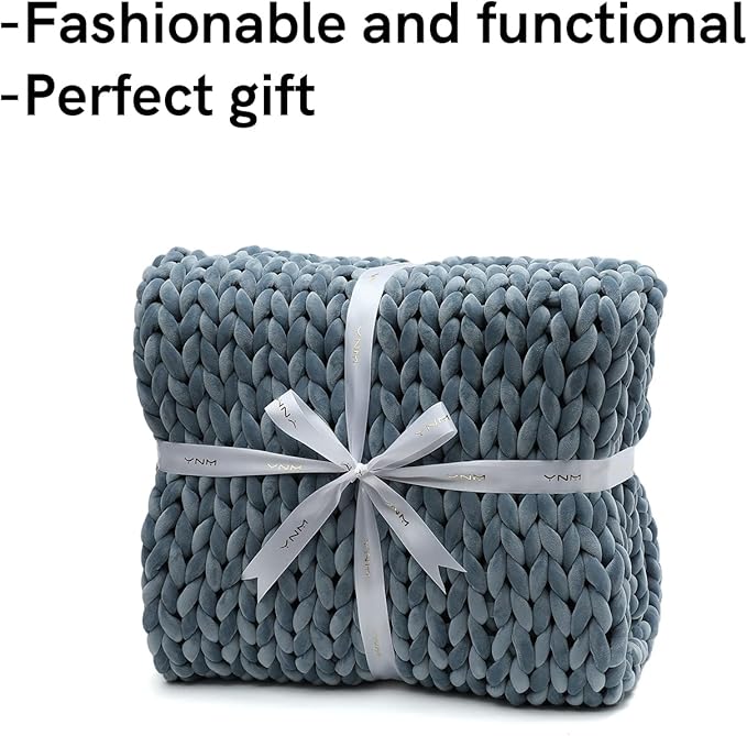 YnM Velvet Weighted Blanket, Handmade Chunky Knitted Design, Soft and Cozy, Temperature Regulating and Breathable, Machine Washable Throw for Sleep or Home Decor (Blue, 60x80 Inch, 15lbs)