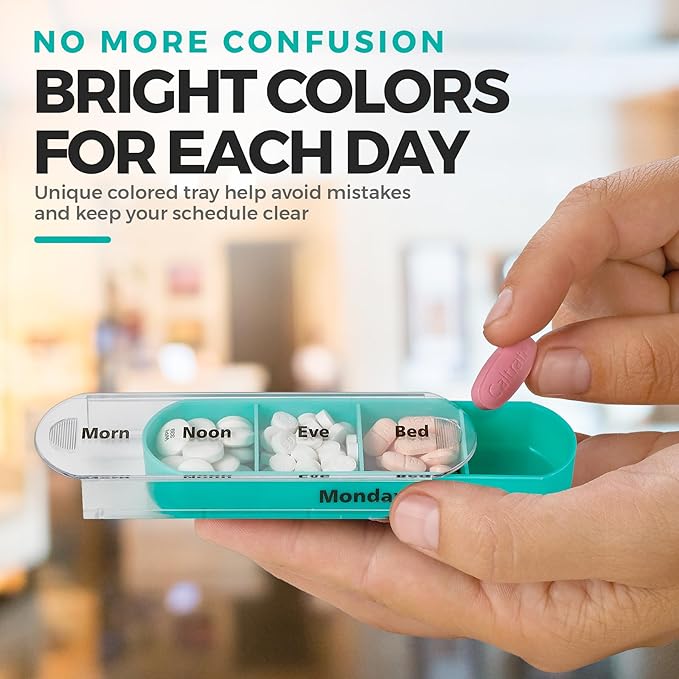 Stackable Daily Pill Organizer - (4 Times a Day) Weekly Medication Reminder - Premium Weekly AM/PM Pill Box with 7 Individual Stacking Cases, a Everyday Medicine Organizer for Vitamins