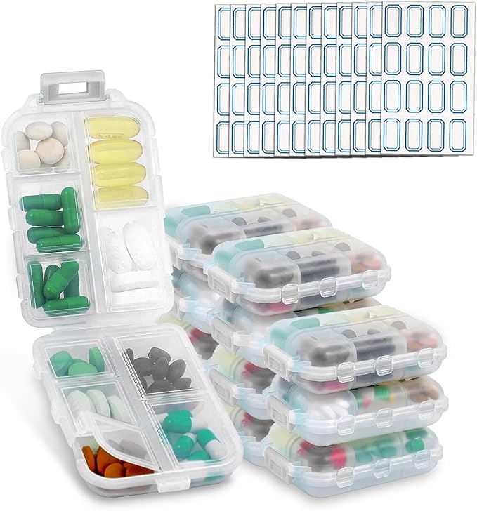 INVODA 12PCS 10-Compartment Pill Organizer BPA-Free Travel Pill Case with Daily Labels Portable Medicine Box for Vitamins, Supplements & Jewelry