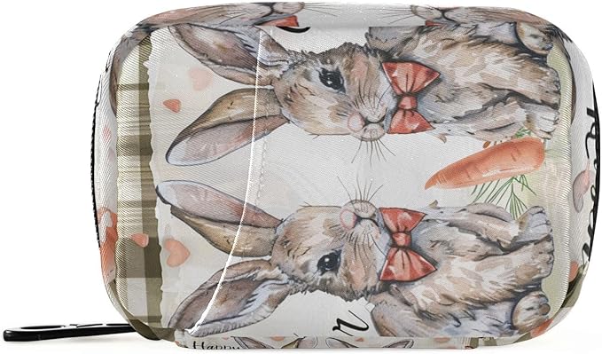 Brown Plaid Bunny Easter Travel Pill Organizer Case Box Container Weekly Portable Vitamin Medicine Holder Storage Bag with Zipper Removable