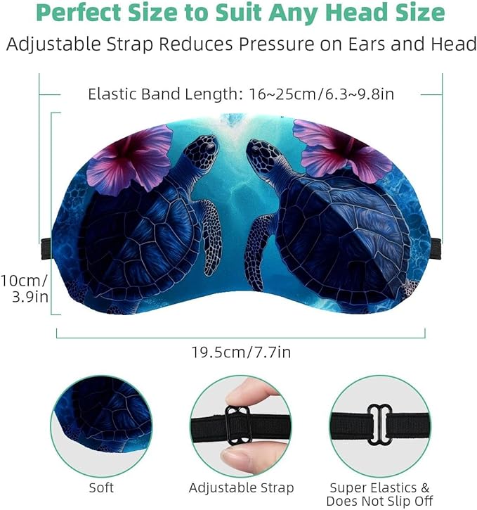 2 Pack Sleep Eye Mask for Women Men, Soft Breathable Eye Cove No Pressure Blackout Night Blindfold for Sleeping Light Blocking with Adjustable Strap, Blue Turtle Flowers