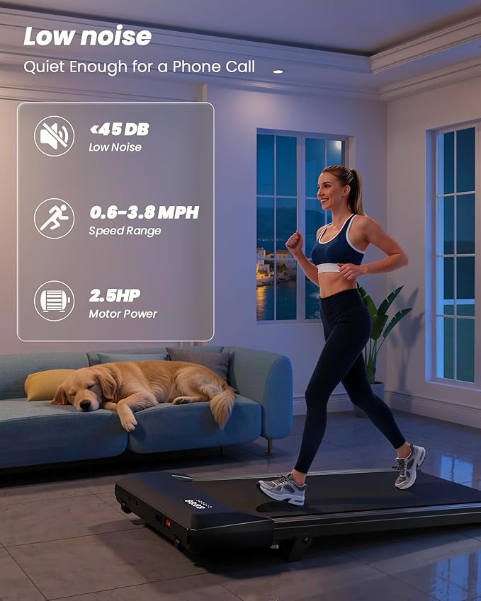DeerRun Under Desk Walking Pad Treadmill with 6% Manual Incline, 0.6-3.8 MPH Walking Speed, 2.5 HP, 300 lb Capacity, App & Remote Control, for Home Office & Small Spaces