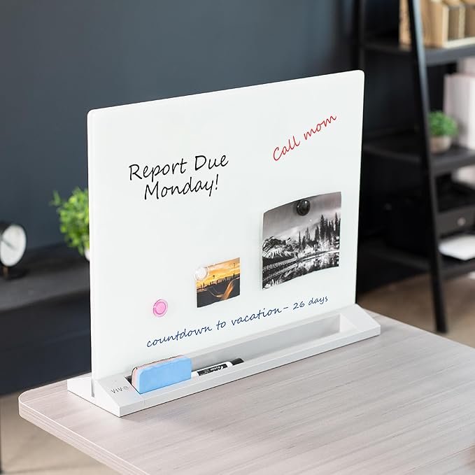 VIVO Freestanding Glass 23 x 19 inch Tabletop Magnetic Dry Erase Board, Portable Privacy Divider, Reversible Double-Sided Whiteboard Panel Partition, Storage Trays, School Home Office, DESK-WB23G