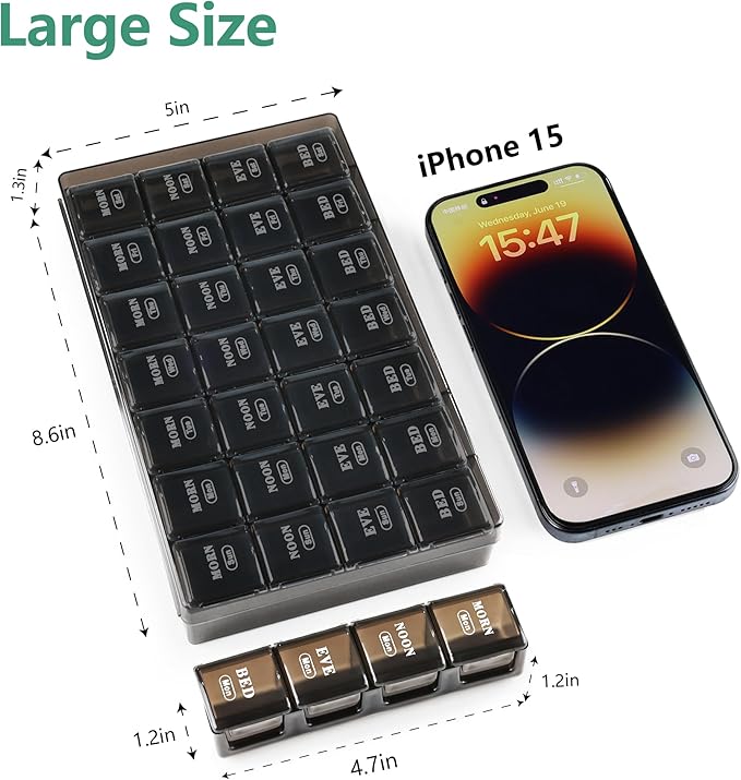 MOLN HYMY Pill Organizer 4 Times a Day, 7 Day Weekly Pill Box with 28 Big Compartments, Portable Travel Medicine Planner for Vitamins, Fish Oils, Supplements (Black, Large)
